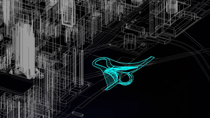 Axonometric drawing showing a three-lobed pedestrian bridge highlighted in cyan within a wireframe site context