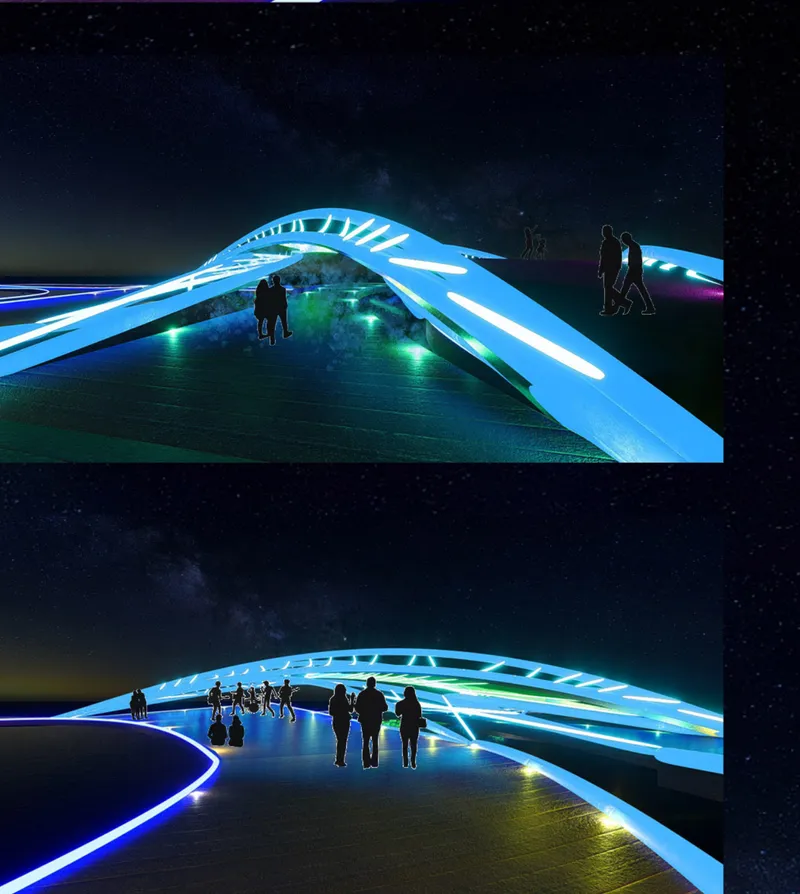 Bridge deck with white arched ribs overhead and visitors walking beneath a starry night sky