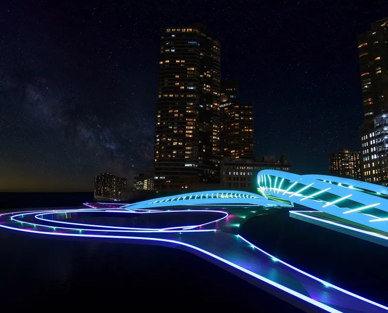 Illuminated curving rooftop structure with blue and purple light trails beneath a starry night sky