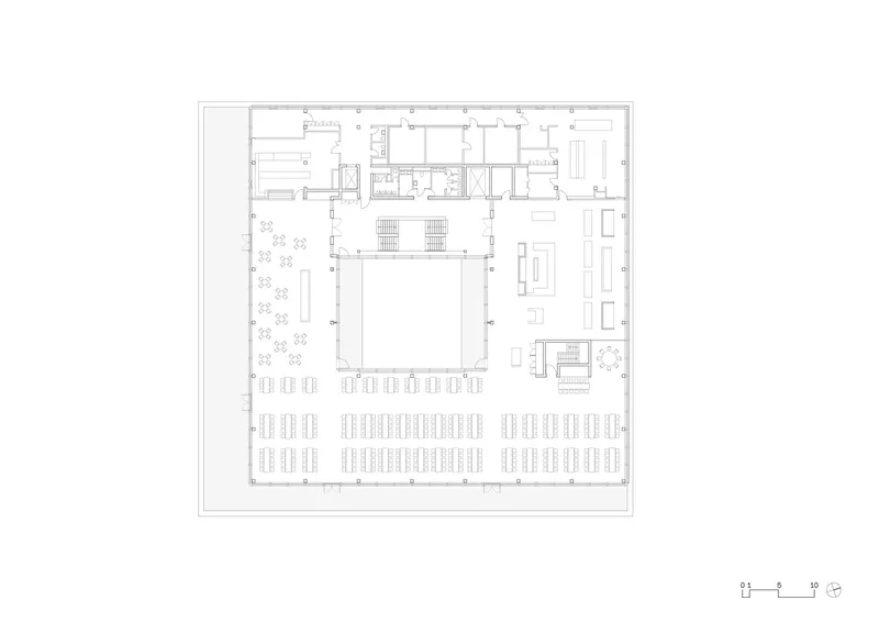 Floor plan drawing showing a square layout with a central courtyard and rows of seating below
