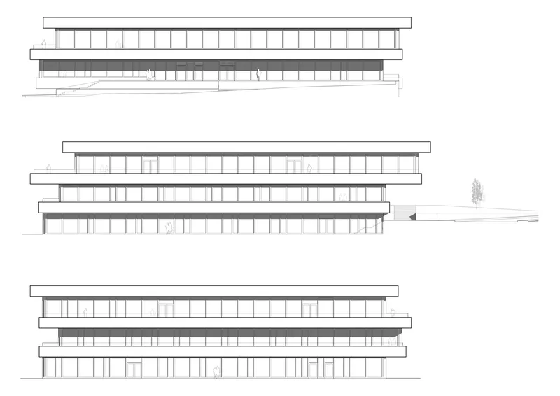 Elevation drawings showing three-story section with cantilevered floor plates and horizontal banding