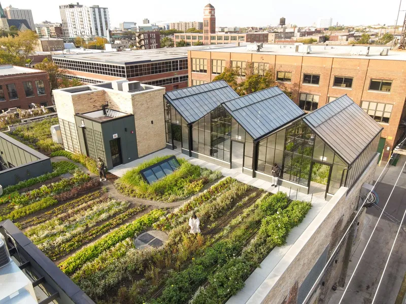 Rooftop farm from above: three greenhouses, planting beds, figure walking between rows, water tower visible, urban context