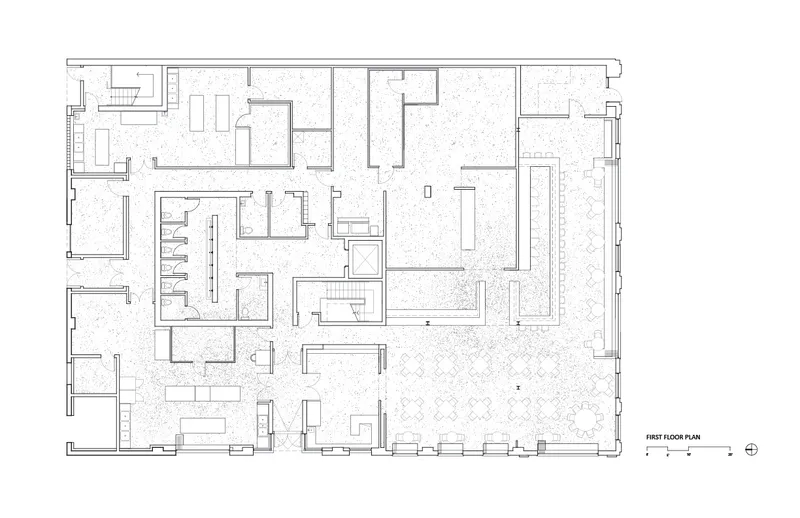 First-floor plan: open food hall, commercial kitchen, bar, dining areas, service spaces arranged around the warehouse footprint