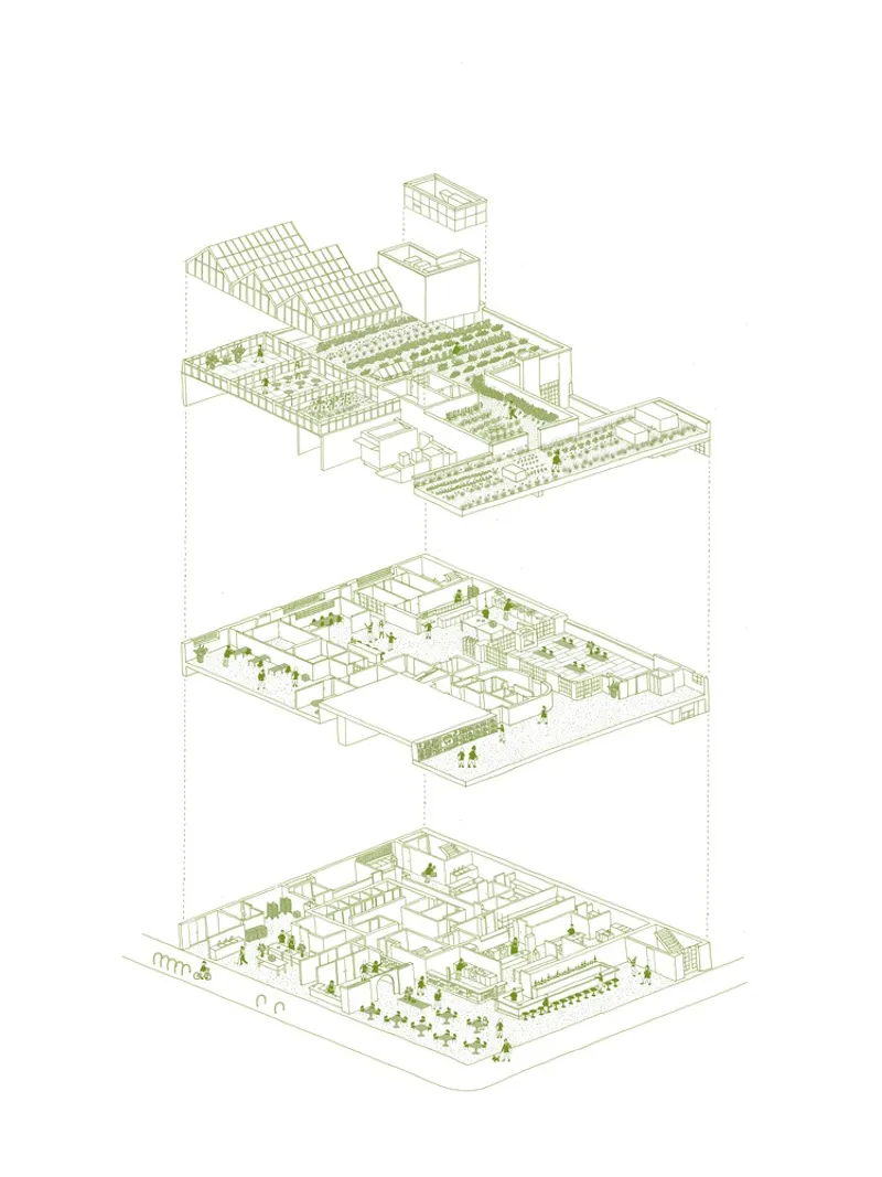 Exploded axonometric: three levels shown separately, ground-floor food hall, second-floor studios and kitchens, rooftop farm and greenhouses