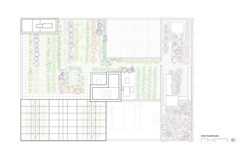 Roof plan: three greenhouses, planting beds in rows, fruit trees along the edges, coloured planting zones across the full roof area