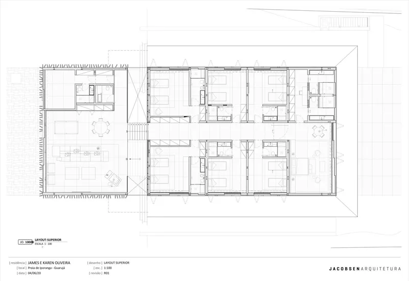Upper floor plan: five bedrooms arranged along a central corridor, en-suite bathrooms, timber brise-soleil facade