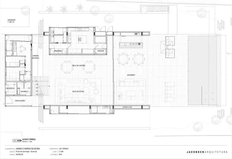 Ground floor plan: living, dining, kitchen, pool, veranda, service areas, landscape planting around the perimeter