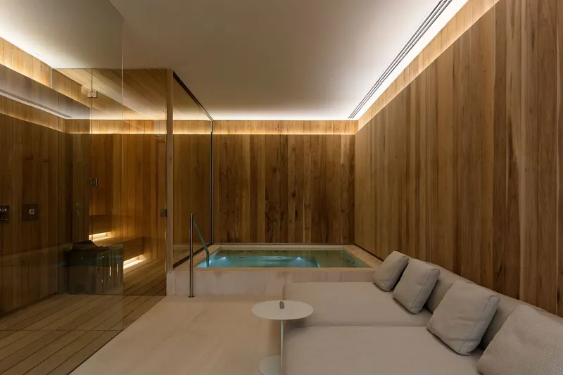 Interior spa room with timber walls, sunken plunge pool and concealed perimeter lighting