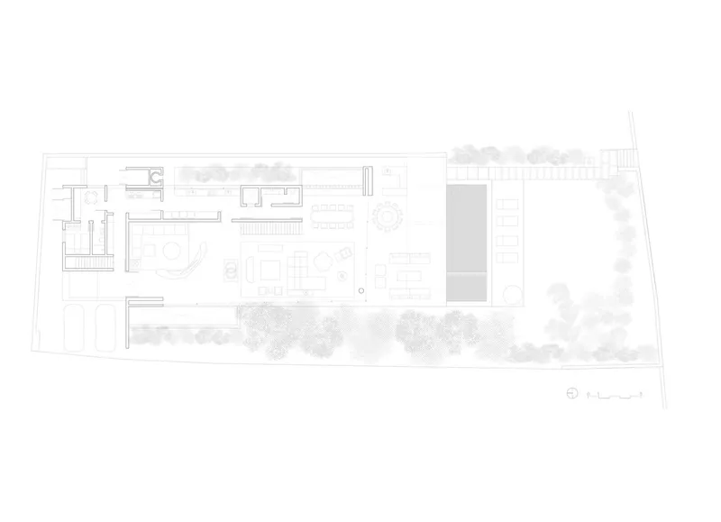 Ground floor plan drawing showing open living spaces with pool and landscaped garden areas