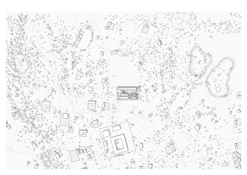 Site plan: hospital compound set within the sparse desert town of Burtinle, scattered buildings and paths