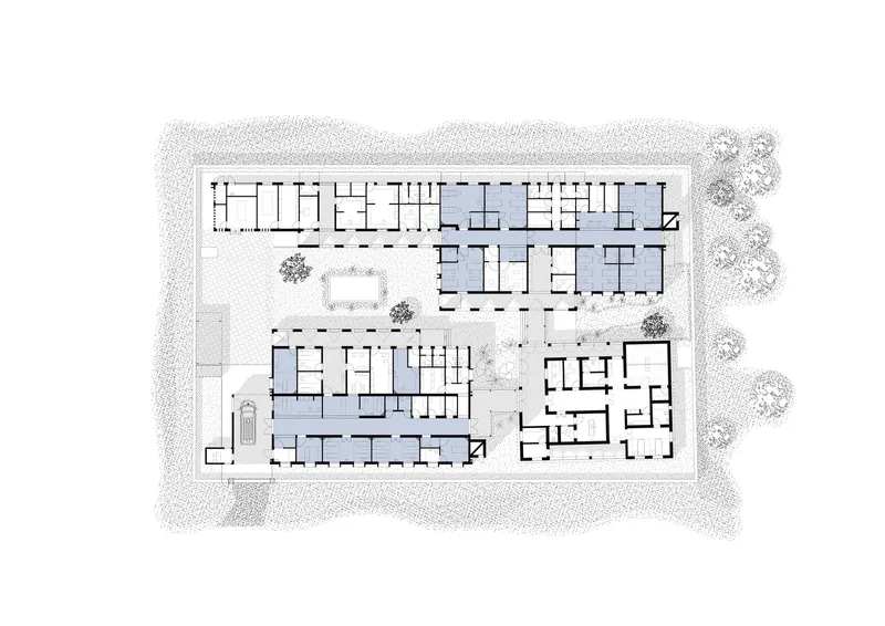Programme plan: departments highlighted in blue across the four courtyard buildings