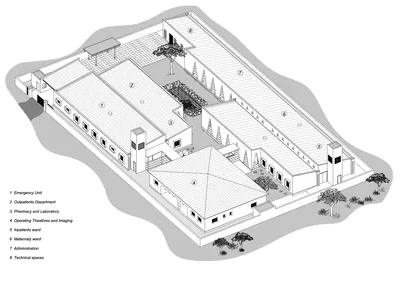 The image presents an isometric architectural drawing of a hospital complex, showcasing a site plan 
