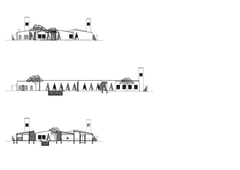 Three sections and elevations: triangular windows, wind towers, mono-pitch roofs, courtyard trees