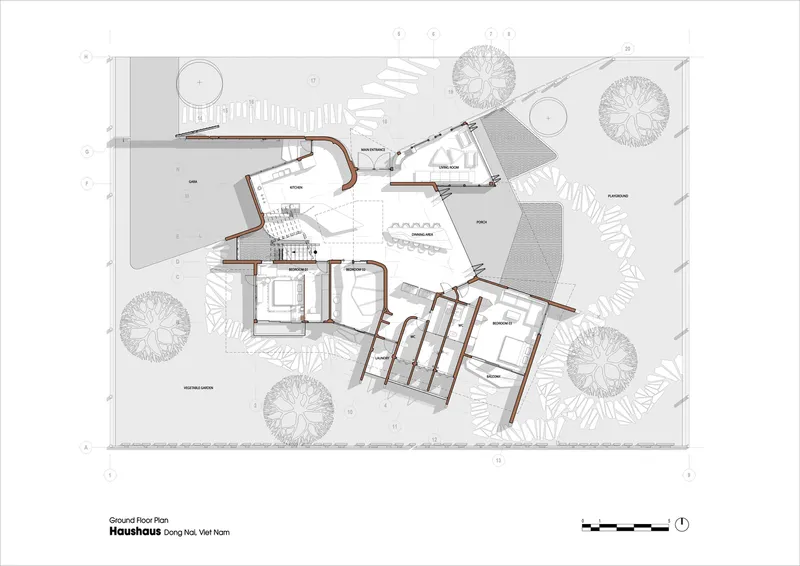 Ground floor plan drawing showing clustered angular volumes around courtyards and surrounding landscape