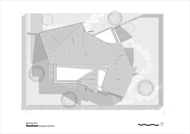 Roof plan drawing showing the overlapping corrugated metal planes and courtyards between volumes