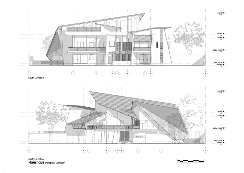 South and north elevation drawings showing the sloping roofs and vertical louvers with trees