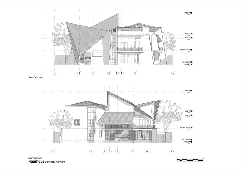 West and east elevation drawings showing the angled roof planes and double-height openings