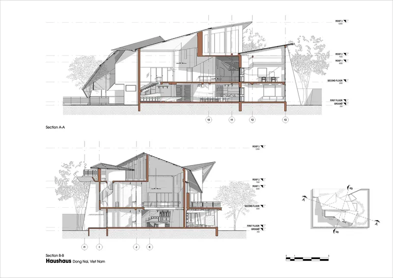 Section drawings revealing the multi-level interior spaces beneath angular rooflines with orange structural columns