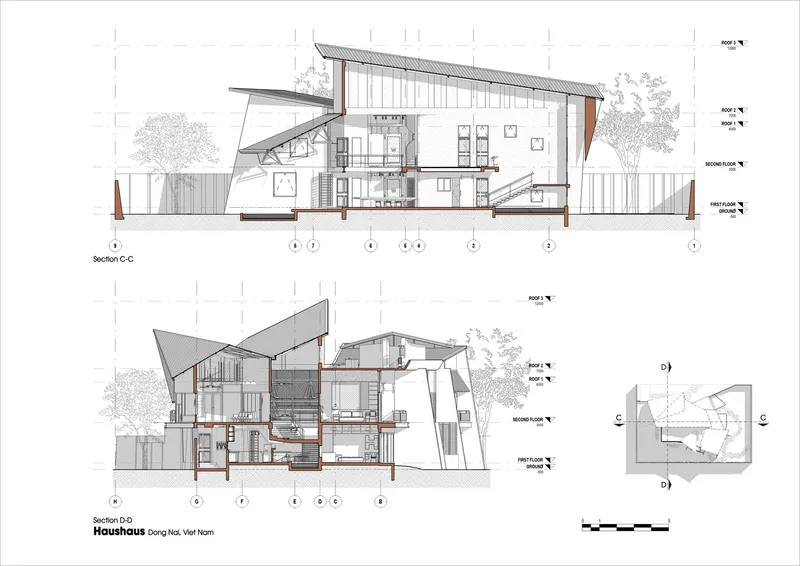 Section drawings showing the residential layout with faceted roof forms and timber structural supports