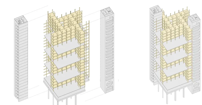 Structural axonometric showing the timber gallery framework that connects two towers: exploded view (left) and assembled view (right) with yellow-highlighted timber elements