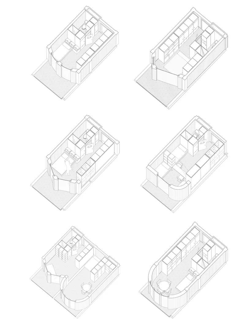 Six apartment axonometrics showing the range of unit types from compact studios to larger family layouts, each with different configurations of bedroom, kitchen, and living space