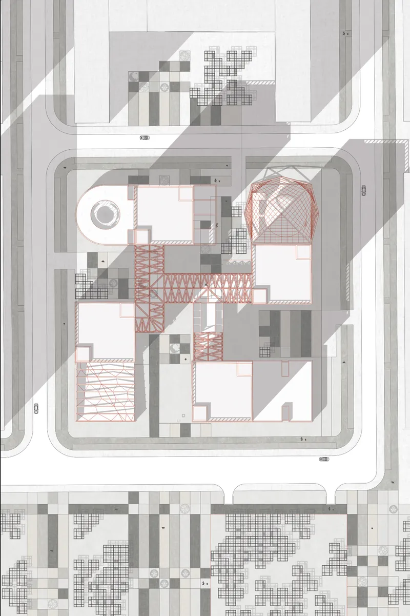 Site plan from above showing the four tower footprints, red-highlighted gallery connections, courtyard spaces, and the surrounding urban context