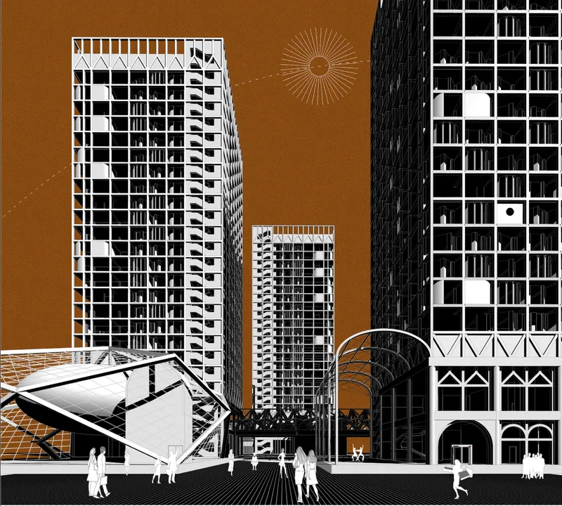 Graphic elevation of the four towers in black and white on an ochre background, with glass canopy structures and arched storefronts at street level, residents walking below
