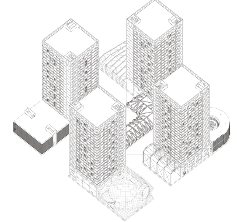 Aerial axonometric of the full complex: four residential towers connected by covered timber gallery structures with glass canopies in the spaces between