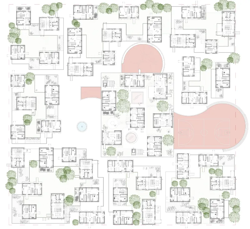 Floor plan of the cluster: individual house units arranged on a grid with two pink organic plaza shapes at the centre, trees dotted between the houses