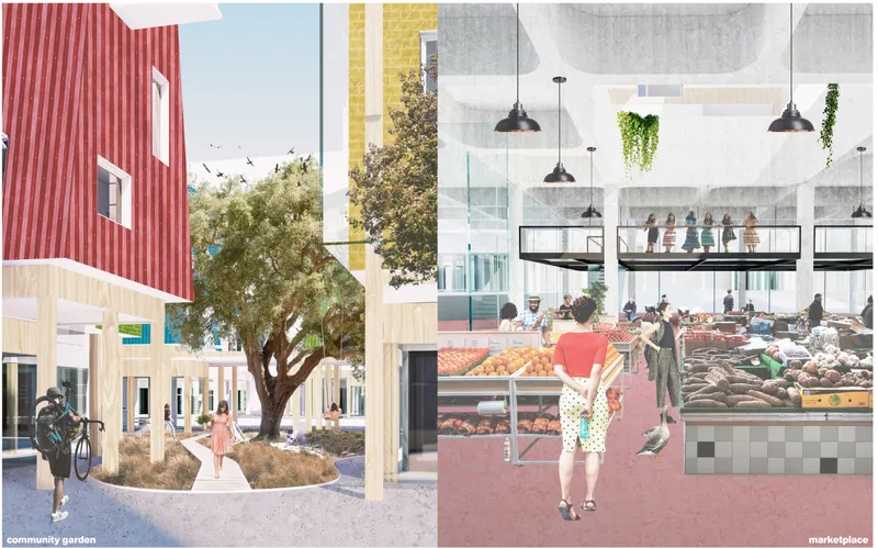 Community life diptych: a sunny lane with a red clapboard house, bicycle, tree, and residents on the left; a covered marketplace with greengrocer stalls, hanging lights, and a shopper with a trolley on the right