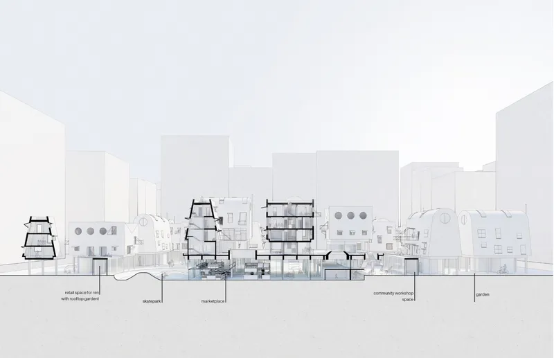 Section through the cluster: small pitched-roof volumes in the foreground among taller grey context buildings behind, showing the project's low-rise village scale