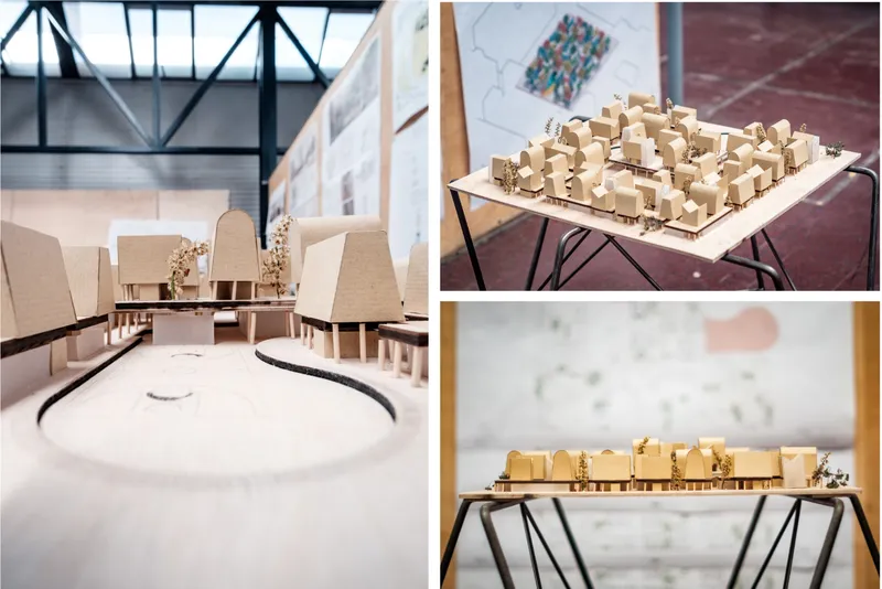 Three photos of the physical model: the board displayed in an exhibition setting (left), an aerial view of the dense house cluster on a table (top right), and an eye-level shot showing pitched-roof forms standing on the model base (bottom right)