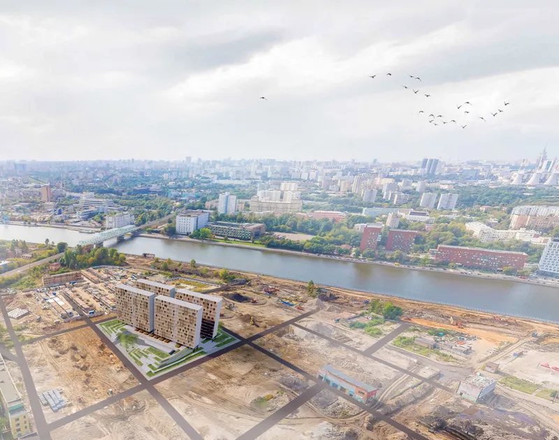 Aerial site collage: two slender Farm/House towers with vertical farming facades rise from the ZIL district in Moscow, set against the Moskva River and the wider city skyline