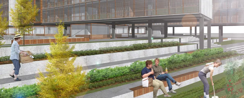 Ground-level landscape render: stepped planters line a garden path beneath the raised housing block, with residents reading on benches and tending herbs in the foreground
