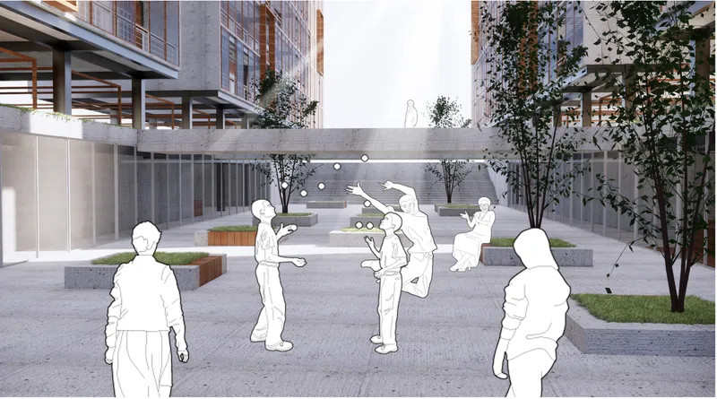 Shared courtyard plaza between the two towers: residents play, talk, and relax among trees and raised planters in a central public space flanked by the two housing towers
