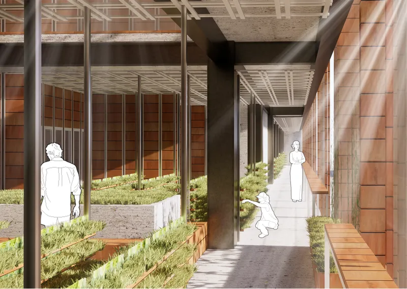 Interior farming corridor: timber frames and grow-light panels run along a long top-lit passage lined with raised planters, where residents tend rows of greens beside a wooden bench