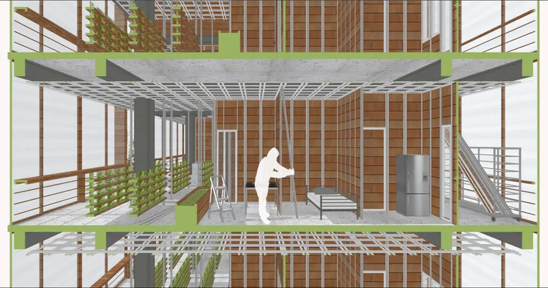 Multi-level section cutaway showing how housing units and farming rooms interlock: timber-lined rooms, staircases, mezzanine farming beds, and residents moving between the two programmes