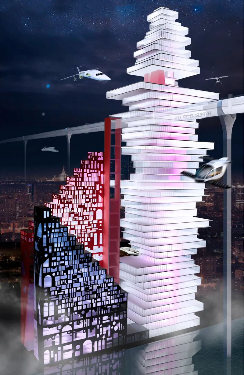 Night render of CityGate glowing above Moscow's skyline with drones, flying vehicles, and a hyperloop bridge connecting to the tower at upper levels