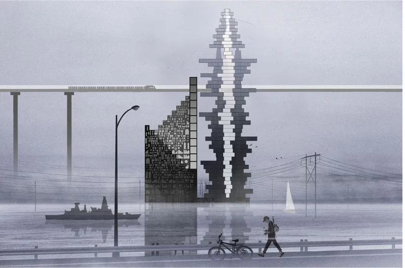 Street-level view from the Moscow River embankment with the patterned residential slab and stacked tower rising through fog, boats and a bridge in the foreground
