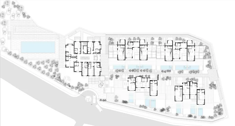 Site plan showing clustered residential units with shared courtyards and perimeter tree plantings