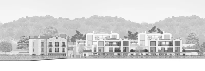 Elevation drawing showing a sequence of gabled residential blocks against a tree-lined backdrop