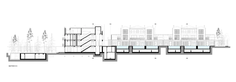 Section drawing showing multilevel volumes connected by bridges with trees and residential buildings in context