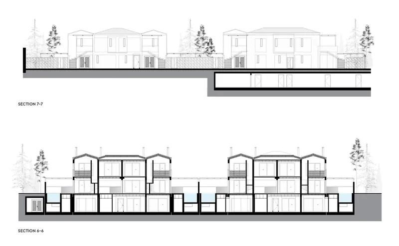 Section drawings revealing interior room heights and arched roof structures across adjacent residential volumes