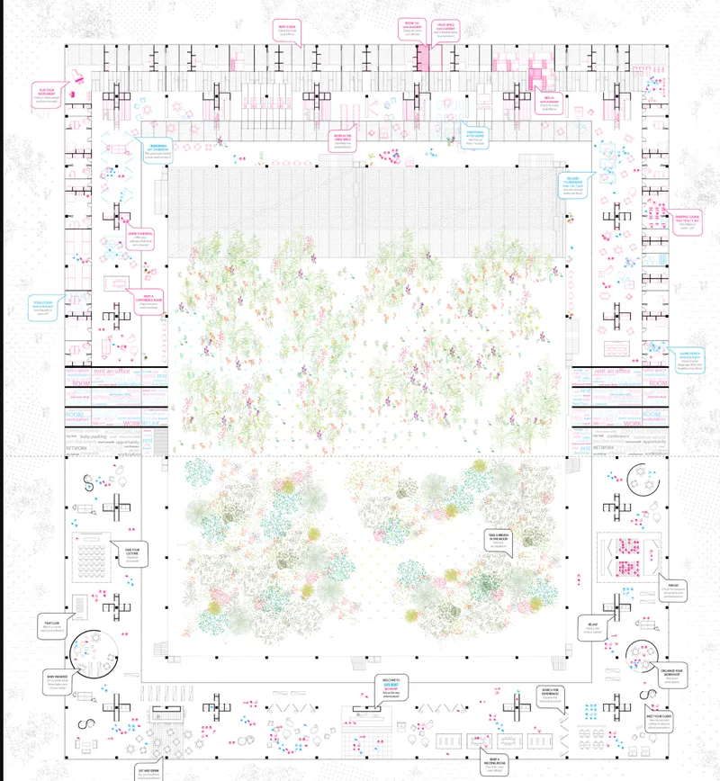 Full building plan: residential units wrapping three sides around a double courtyard with a formal garden above and a wilder woodland below, programme spaces along all edges