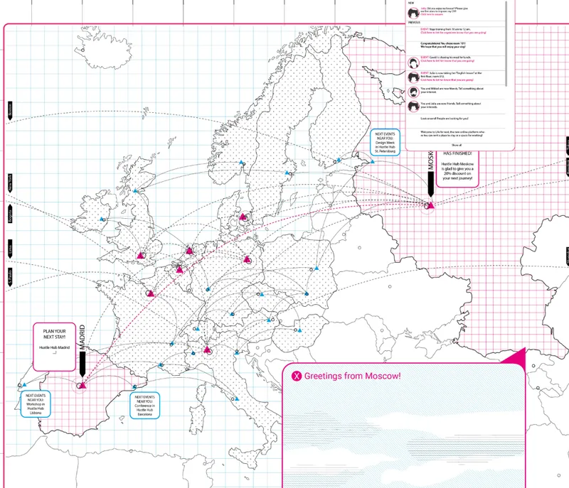 European network map showing Life for Rent locations across the continent connected by pink arrows, with 'Greetings from Moscow' marking the competition site