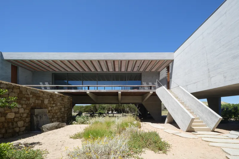 Courtyard: stone retaining wall curving below the upper volume, concrete stair to the first floor, timber pergola above, native planting