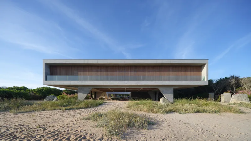 Beach facade: cantilevered concrete volume with timber screen, lifted on V-columns above the dune, coastal grasses below, blue sky