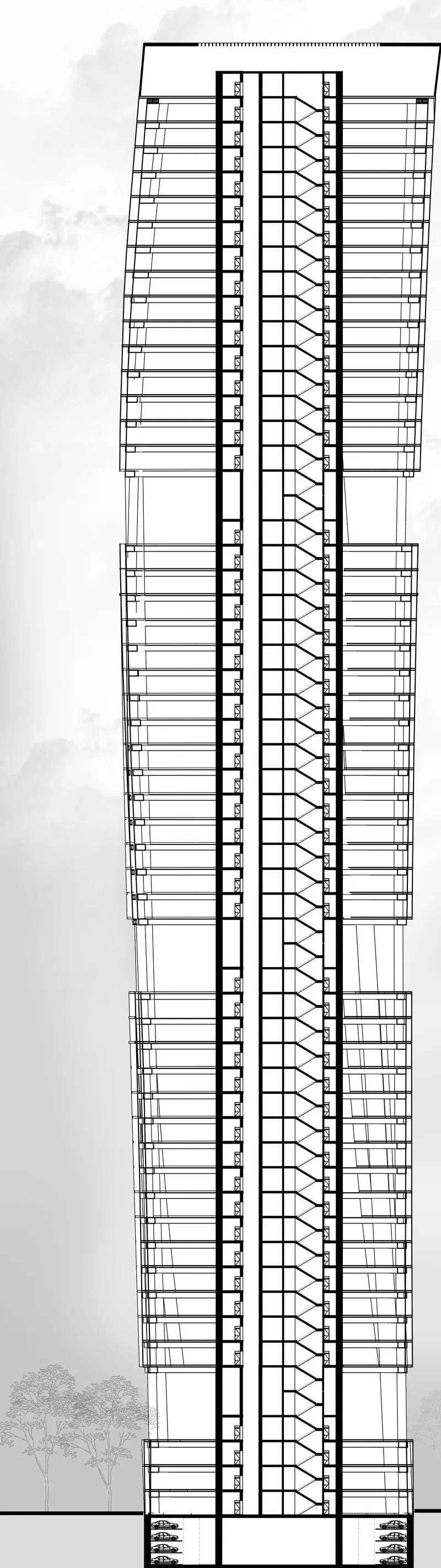 Full building section: a vertical cut through all floors showing the horizontal louver facade, the two sky-garden breakout voids where the volumes pinch, and the structural grid behind