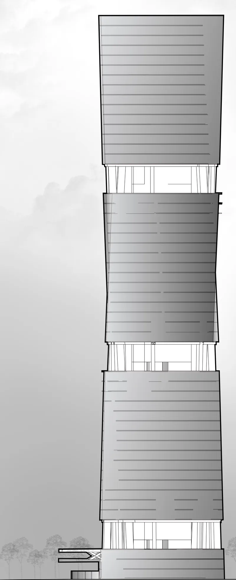 Elevation of the high-rise: three stacked volumes wrapped in horizontal louvers, pinching inward at two sky-garden floors to create a silhouette that narrows and widens as it rises