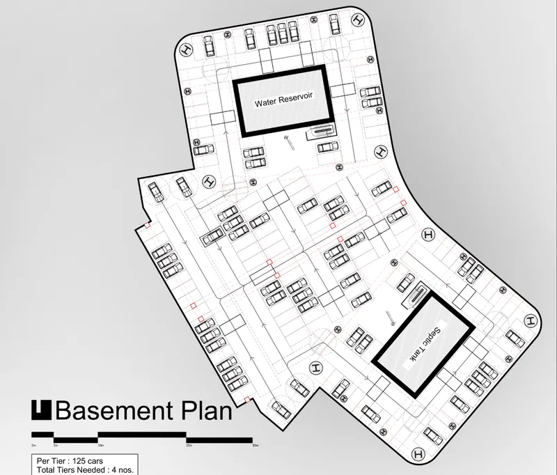 Basement plan: four parking tiers accommodating 125 cars, with a water reservoir at the centre and service zones arranged around the perimeter